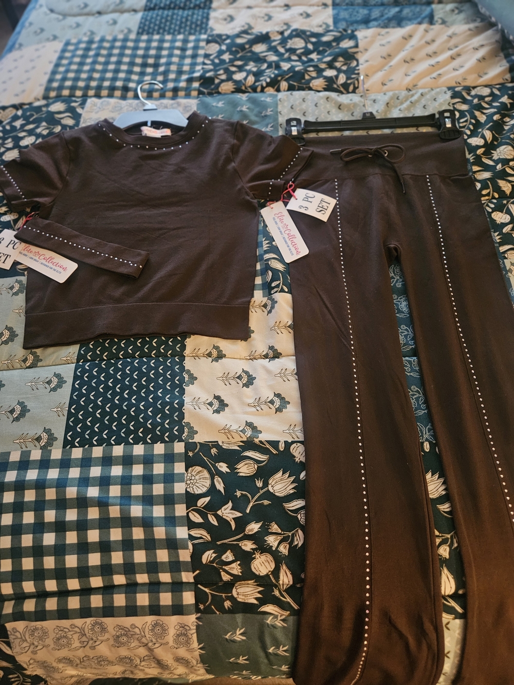 Women's Brown Stud-Trim Track Pants & Short-Sleeve Top Set